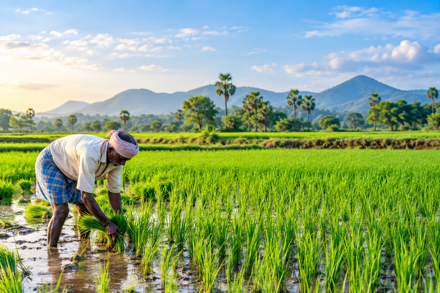 Farmer working among green paddy crops in an agricultural field